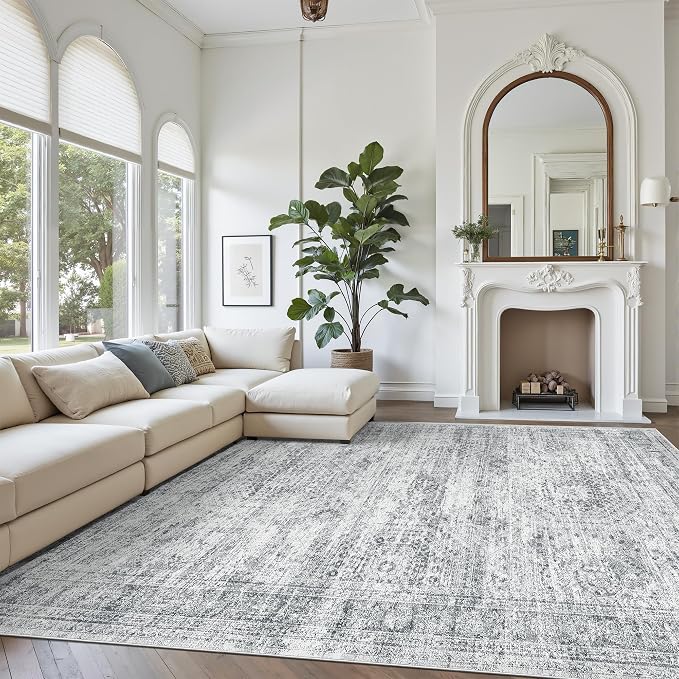 Soalmost Washable Area Rug 8x12 Large Soft Grey Rugs for Living Room | Vintage Non-Slip Carpet for Dining Bedroom, Stain Resistant Low Pile Foldable Lightweight Floor Mat Under Table Home Decor