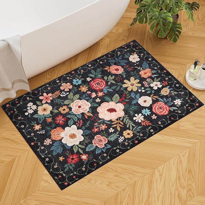 DUKINO 2x3 Door Mat Indoor Entrance, Floral Washable Rug Non Slip, Black | Low Pile, Non-Shedding Small Rug for Kitchen, Entryway, Bedroom, Bathroom, Pet Friendly, Stain Resistant, Modern Home Decor