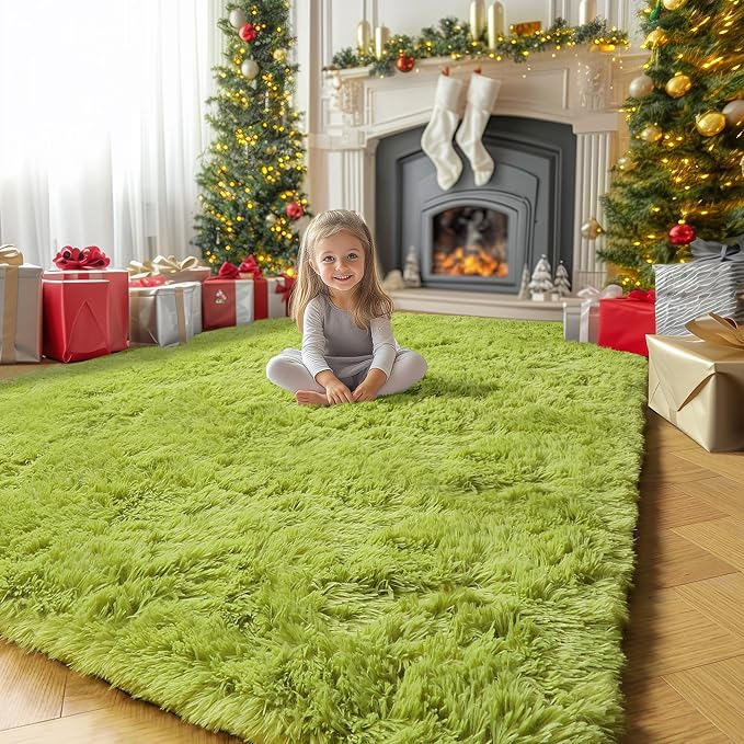 Amdrebio Grass Green Plush Area Rug 5x7 for Classroom Bedroom Living Room | Fluffy Furry Fuzzy Shaggy Moss Carpet, Reading Corner Kids Nursery Dorm Toddler Sensory Room Decor, Nature Forest Aesthetic