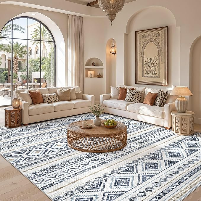 cotiled 12x15 Area Rugs Living Room Rug: Washable Boho Rugs with Non Slip Backing Large Soft Indoor Stain Resistant Carpet for Bedroom Farmhouse Dining Room Lightweight Home Decor Blue