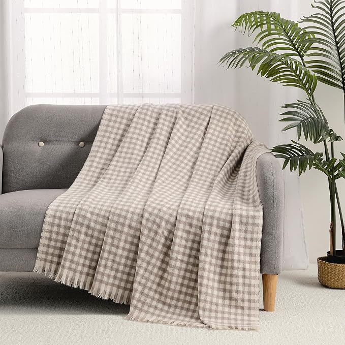 CREVENT Farmhouse Boho Knitted Throw Blanket for Couch Sofa Chair Bed Home Decoration, Soft Warm Cozy Light Weight for Spring Summer Fall (50''X60'' Plaid Tan)