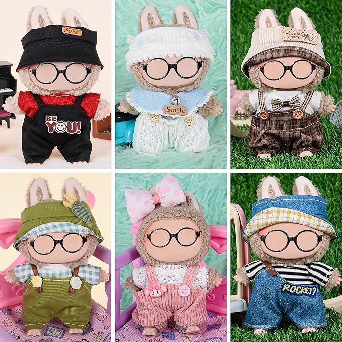 6 Sets Kawaii Doll Clothes for 17cm Plush Dolls - Dress Up Doll Clothing Set Replacement Fashion Outfit Collection with Hats & Accessories, Fits 6.7 Inch Mini Dolls (No Doll No Glasses)