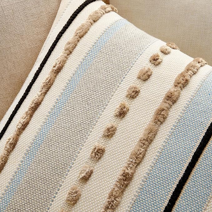 ANRODUO Boho Decorative Pillow Covers 18x18 Light Blue Stripe Pack of 1 | Throw Pillow Covers, Farmhouse Cushion Case, Chenille Pillow Cases, Pillow Covers, Accent Neutral Pillowcase for Sofa Couch