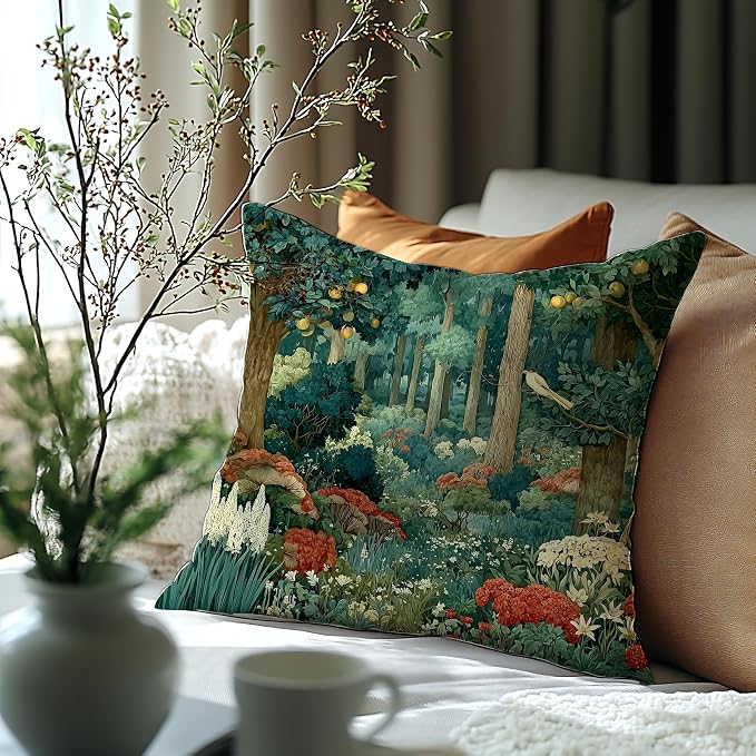 Rustic Forest Green Pillow Covers 18x18 Double-Sided, Cottagecore Summer Lemon Forest Botanical Nature William Morris Inspired Decorative Throw Pillow Covers for Sofa Bed Bedroom Living Room