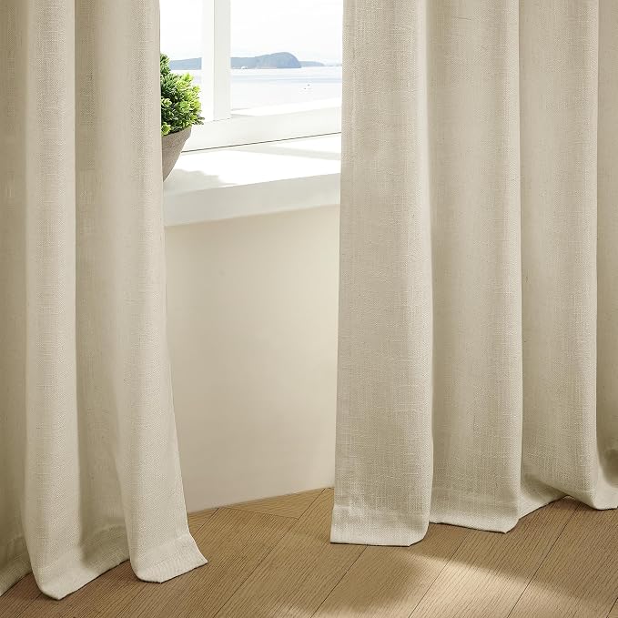 92 Inch Beige Linen Curtains 2 Panels Set Pinch Pleated for Living Room Bedroom Memory Training Shaped Semi Sheer Neutral Tan Flax Burlap Pleat Drapes Hooks Rings Light Filtering Window Curtain