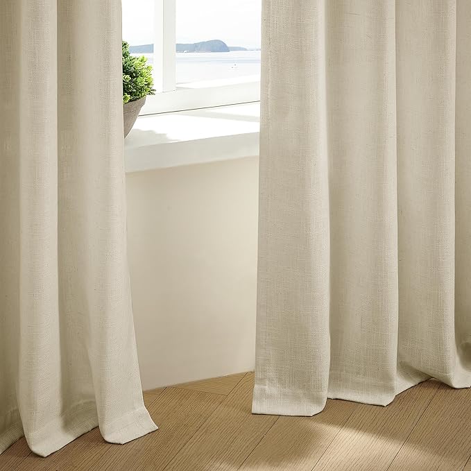 TWODRAPES 108 Inch Linen Curtains 2 Panels Set Pinch Pleated Living Room Bedroom Memory Training Shaped Semi Sheer Neutral Beige Tan Flax Burlap Pleat Drapes Hooks Rings Light Filtering Window Curtain