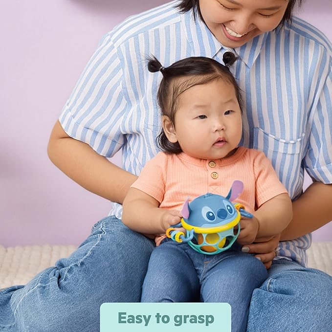 Disney Baby Stitch Oball Rattle by Bright Starts, Easy Grasp Baby Toy with Jingle Ball, Sensory Rattle for Newborn Infant 0-6 Months, Baby Toys 3-6 Months