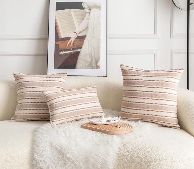 Cethom Decorative Boho Lumbar Throw Pillow Covers, Farmhouse Textured Pillow Case, 12 x 20 Inch Set of 2, Chair Sofa Bedroom Living Room Home Decor Couch Cushion Case, Brown and Beige