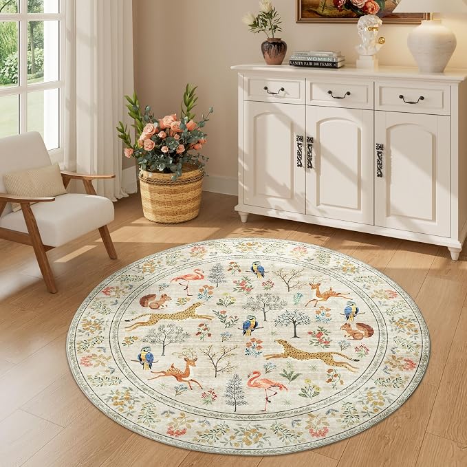 DUKINO 4ft Round Rug, Washable Animal Small Round Area Rug Non Slip, Beige | Low Pile, Soft, Non-Shedding Indoor Circle Carpet for Bedroom, Entryway, Living Room, Farmhouse, Pet Friendly, Lightweight