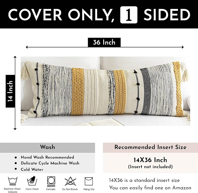 Decorative Lumbar Throw Pillow Cover 14x36 Boho Long Cushion for Bed Yellow Mustard Accent Farmhouse Pillowcase for Bedroom Living Room Couch Sofa Home Décor Cover ONLY