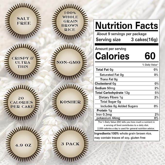 Salt Free Rice Cakes Unsalted - Ultra Thin Rice Cakes - Whole Grain Brown Rice Cakes - Fat Free, Non GMO, Gluten Free Rice Cakes - Low Calorie Snacks - All Natural - 3 Pk