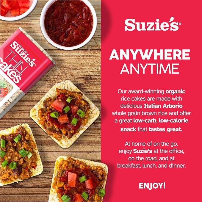 Suzie's Organic Brown Rice Cake Thins, Unsalted, Gluten Free, 6 Pack (18 Calories per Slice)