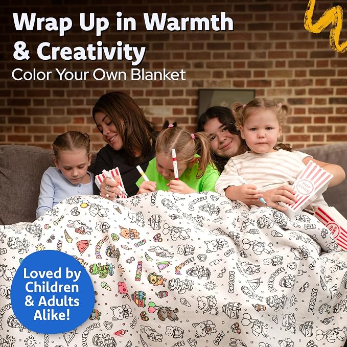 Craftikit Cozy Coloring Blanket for Kids & Adults -15 Markers | 40" x 60", Fabric Markers Included, Permanent Vibrant Sherpa Fleece Design, Ages 3+, Machine Washable, Gift Wrapped