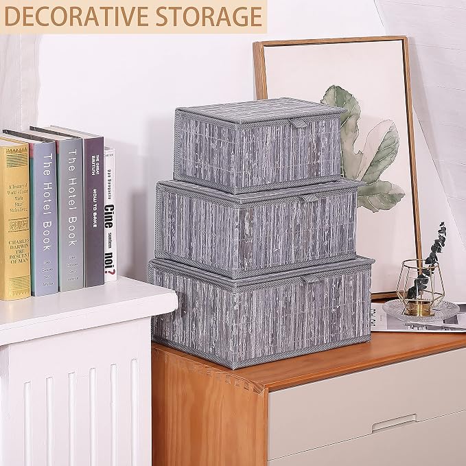 Honygebia Bamboo Decorative Storage Boxes - Set of 3 Woven Lined Storage Basket with Lids, Grey Marble Wicker Lidded Baskets for Home Kitchen Shelf Organizer Decor