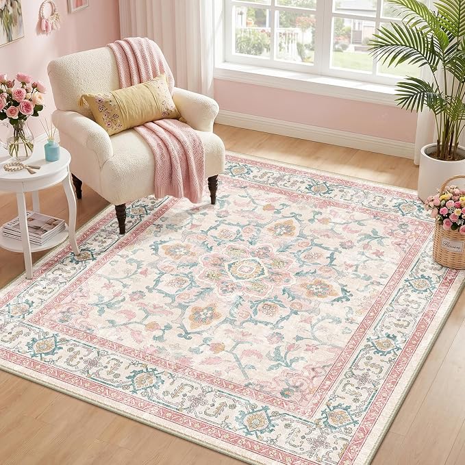 CAPALOCA Square 4ft Washable Nursery Girls Low Pile Area Rug Pink Teal | Non-Slip Soft Rugs for Bedroom Kids Playroom Living Room, Print Pattern Water Repellent Carpet Indoor Decor