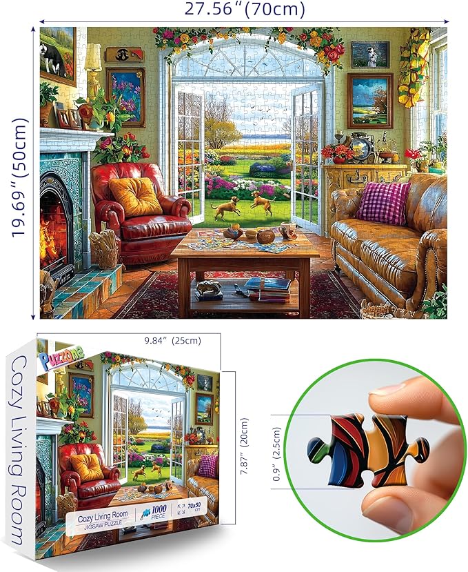 Sunlit Garden 1000 Piece Jigsaw Puzzle for Adults, Indoor Living Room Scene with Floral Decor and Garden View, Home Entertainment Family Activity