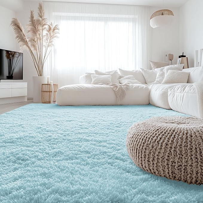 OLANLY 8x10 Machine Washable Large Area Rugs for Living Room, Bedroom, Soft Fluffy Shaggy Bedside Rug, Indoor Floor Carpet for Kids Girls and Boys, Dorms, Nursery, Home Decor Aesthetic, Light Blue