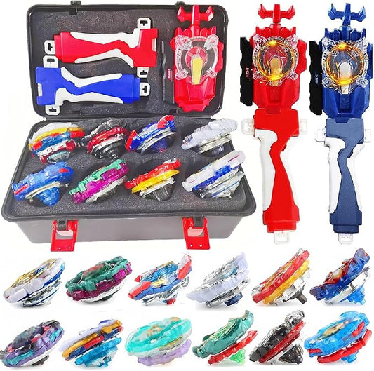 Battling Tops Box Set, Burst Gyro Toys 12 Spinning Tops + 2 Launchers + Stickers Combat Battling Game with Portable Box Gift for Kids Children Boys 499