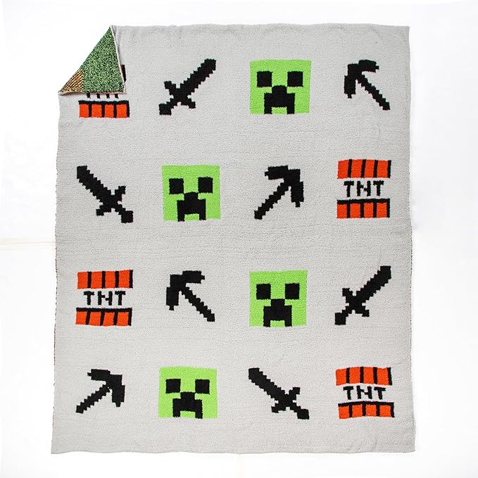Minecraft Feather Knit Fluffy Throw Blanket - Creeper and Weapons Fuzzy Blanket Measures 50 x 60 Inch, Super Soft Lightweight Gamer Bedding