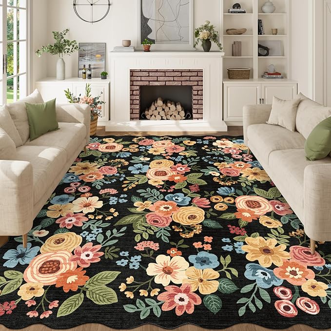 DUKINO 8x10 Area Rug for Living Room, Floral Washable Rug Non Slip, Black | Soft, Low Pile, Stain Resistant Throw Large Rug for Bedroom, Dining Room, Nursery, Kids Playroom, Pet Friendly, Home Decor