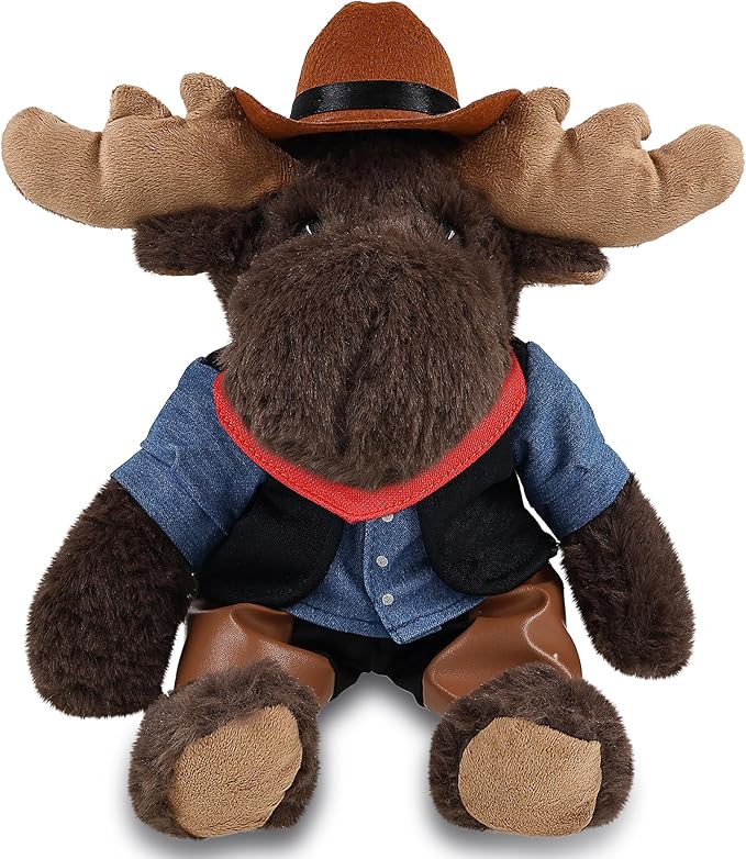 DolliBu Red Plaid Hoodie Moose Stuffed Animal Cowboy Plush with Name Personalization - Western-Themed Moose Plush with Cute Cowboy Costume Denim Shirt Vest, Bandana, Leather Pants, and Hat - 10 Inches