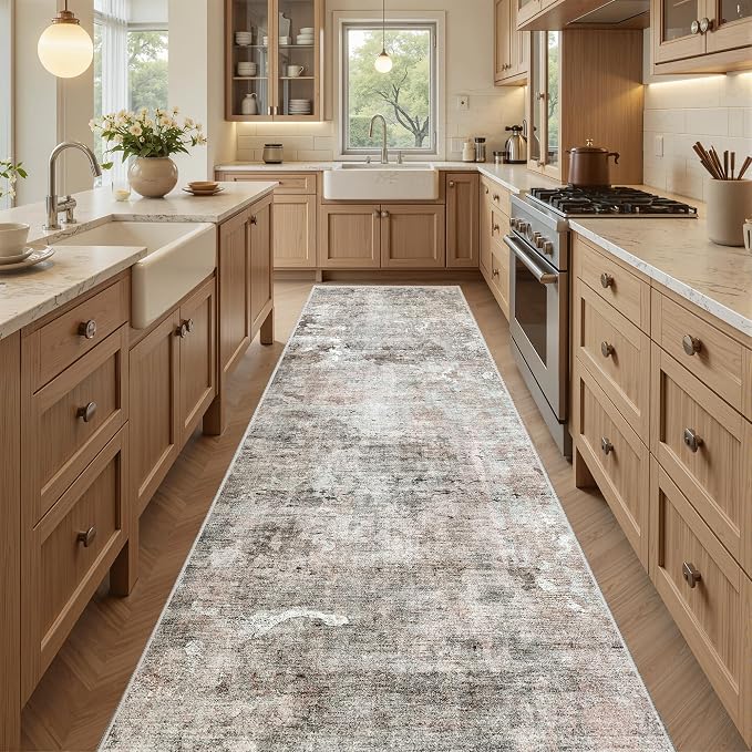 Soalmost Runner Rug 2'6"x8' Kitchen Hallway Runners Abstract Pink/Grey | Washable Non-Slip 2.5x8ft Carpet Entryway Bathroom, Low Pile Vintage Foldable Floor Mat for Corridor Laundry Room Bedroom