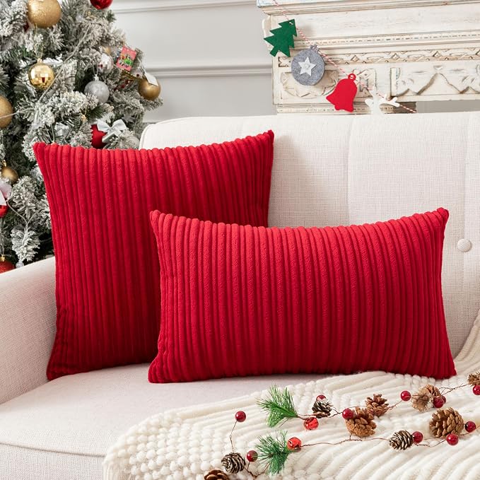 UGASA 12x24 Inch Christmas Pillow Cover Pack of 1 Soft Boho Stripe Corduroy Long Rectangle Lumbar Cushion Case Farmhouse Decorative Pilowcase for Bed, Couch, Sofa, Bedroom, Living Room, Burgundy