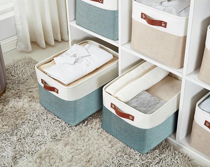 DECOMOMO Storage Bins, Large Fabric Storage Baskets for Shelves 3 Pack | 15 x 11 x 9.5 inches Decorative Linen Closet Organizers (Green & White)