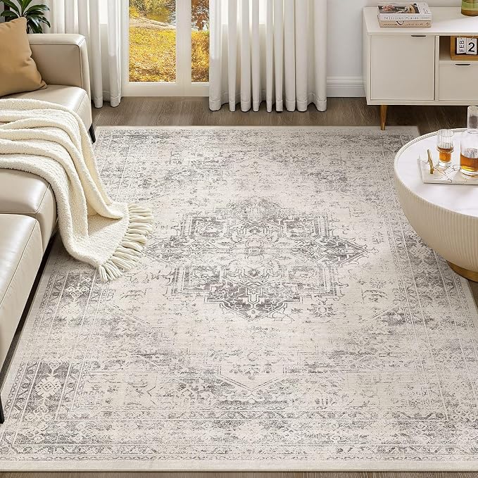 UERMEI 5x7 Area Rug Living Room Rugs - Washable Vintage Soft Large Rug Indoor Floor No Slip Rug Carpet for Bedroom Farmhouse Under Dining Table Home Office Decor - Beige/Camel