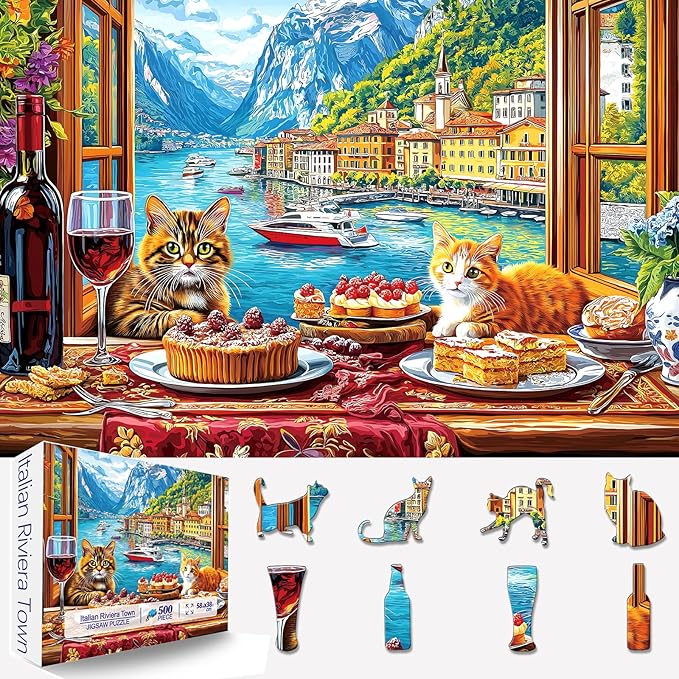 Spring Cat Gathering 500 Piece Puzzles for Adults, Challenging Art Special Shaped Jigsaw Puzzle for Gifts Party Games Family Fun, 23" X 15" Dust Free Puzzles