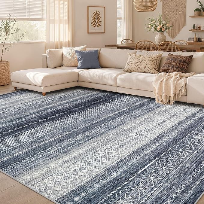 6x8 Area Rugs Living Room: Washable Boho Large Neutral Soft Rug Modern Stain Resistant Moroccan Indoor Non Slip Floor Carpet for Bedroom Nursery Kids Playroom Office Dining Room Dorm- Blue