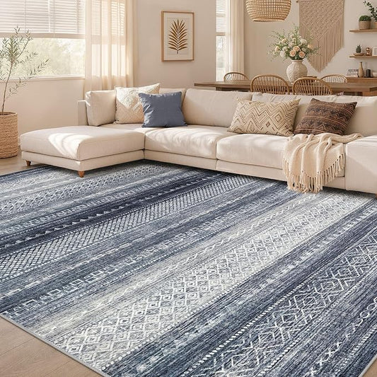 6x8 Area Rugs Living Room: Washable Boho Large Neutral Soft Rug Modern Stain Resistant Moroccan Indoor Non Slip Floor Carpet for Bedroom Nursery Kids Playroom Office Dining Room Dorm- Blue