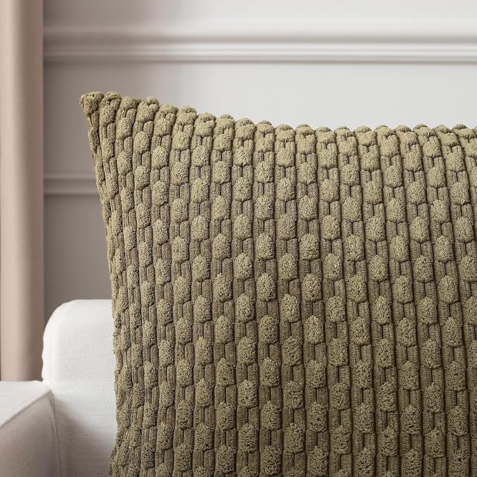 Kevin Textile Soft Corduroy 14"x36" Lumbar Pillow Cover 1 Pack, Olive Green | Boho Stripe Plush Corduroy Decorative Oblong Cushion Cover Modern Farmhouse Home Decor for Sofa Couch Bed Chair