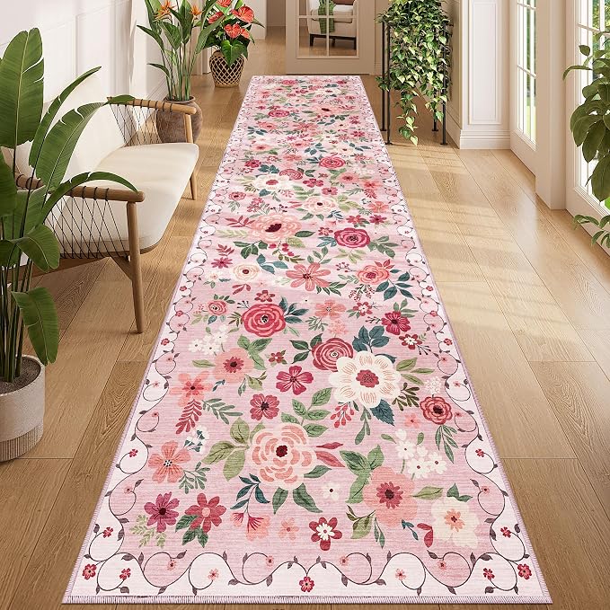 DUKINO 3x12 Washable Runner Rug, Long Hallway Runner Rug Non Slip, Pink | Soft, Low Pile, Floral Indoor Runner Rug for Kitchen, Entryway, Bedroom, Bathroom, Laundry, Modern Home Decor, Non-Shedding