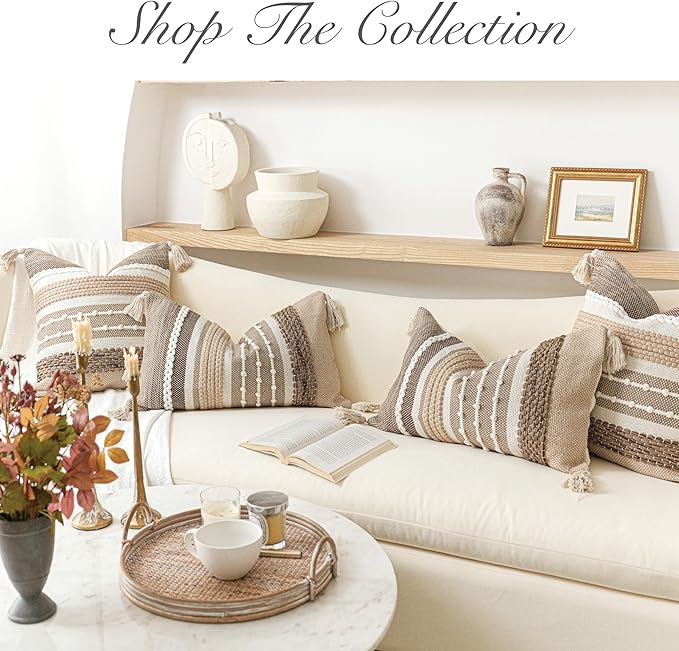 Brown Decorative Throw Pillow Cover 18x18 Square Boho Accent Pillowcase Tassels Farmhouse Cushion for Couch Sofa Bedroom Livingroom Home Décor Cover ONLY (Pack of 1)