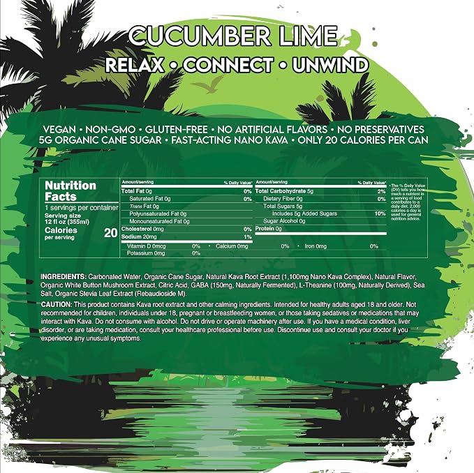 AVA Kava | Alcohol-Free Relaxation Drink | Cucumber Lime | Fast Acting Nano Kava • Zero Sugar Alcohols • Vegan • Plant Based • No Preservatives • Natural Flavors • Non GMO • Gluten Free | 12oz Cans (6-Pack)
