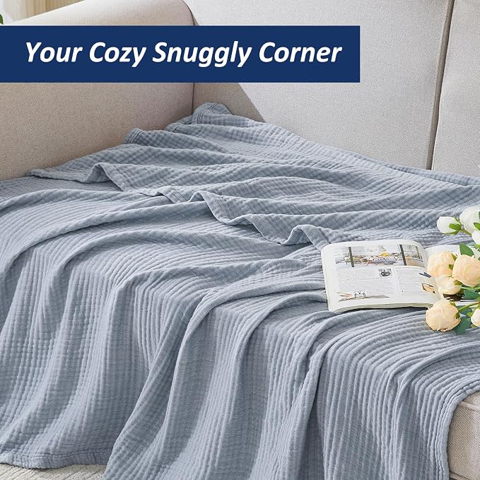 EMME Cotton Muslin Twin XL Blanket Breathable Gauze Soft Lightweight Blankets Adults Gifts for Women (Heather Dusty Blue, 66"x90")