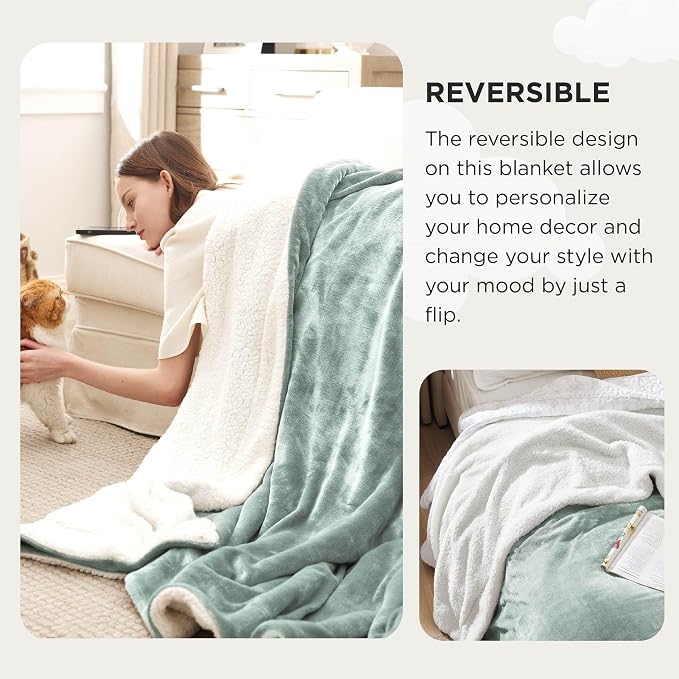 Bedsure GentleSoft Sherpa Fleece Cal King Blankets for Bed, Non-Heated, Thick and Warm Oversized Throw for Women and Men, Soft Fuzzy Plush Large Blanket for Winter, Sage Green, 112x98 Inches