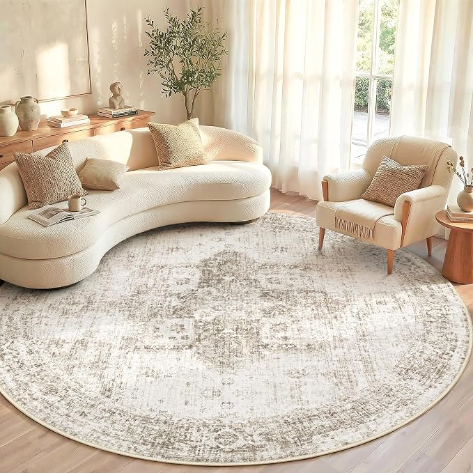 Round Rugs 6ft Washable Rug, Vintage Boho Medallion Rugs Non-Slip Soft Low Pile Circle Distressed Rug Indoor Retro Carpet for Living Room Bedroom Dining Room Home Office (Taupe, 6' Round)