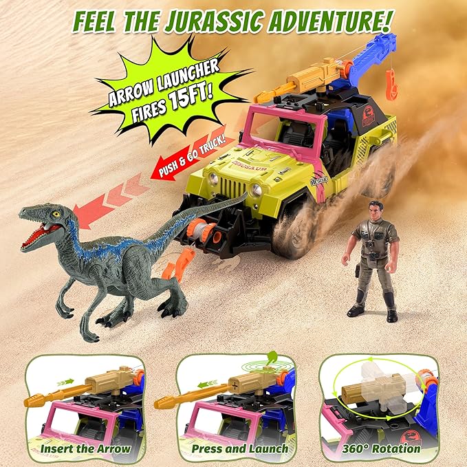 EKU Dinosaur Tow Truck with 10 Sounds, Launcher, Human, Chomping Velociraptor Figure, Push and Go Adventure Vehicle for Jurassic World Toys Pretend Play Gifts for Kids Boys Girls 3+