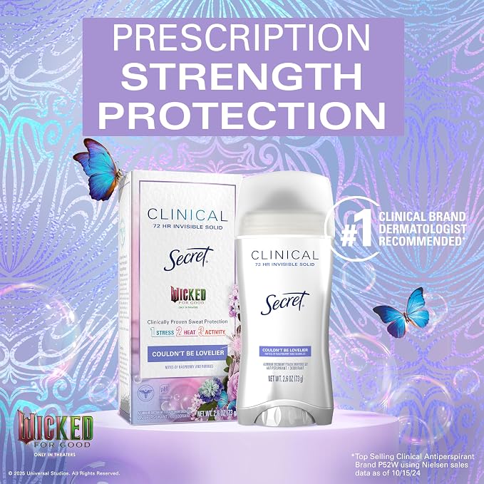 Secret Clinical Strength Antiperspirant Deodorant for Women, Couldn't Be Lovelier, 3X Sweat Protection, 72hr Sweat & Odor Protection, PH Balanced, Invisible Solid, Raspberry & Bubbles Scent, 2.6 oz