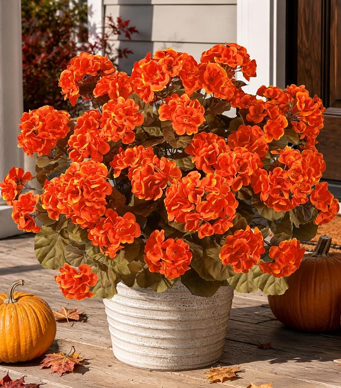 Fake Geraniums Artificial Flowers for Outdoors Fall Autumn Decoration, 6 Bundles Silk Geraniums Look Real Faux Fall Flowers Plants for Front Door Garden Planter Patio Balcony Yard Home Indoor, Orange