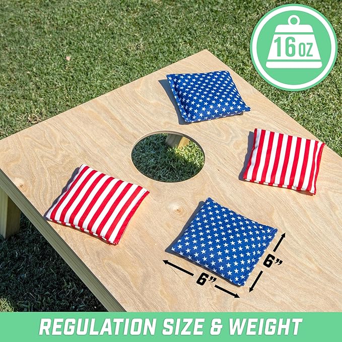 GoSports Official Regulation Cornhole Bean Bags Set of 8 – for Fun Casual Cornhole Games - All Weather - American Stars and Stripes or Red and Blue