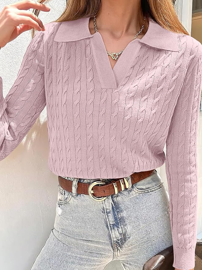 ANRABESS Womens Cable Knit Sweaters Long Sleeve V Neck | Pullover Collared Sweater Tops, Polo Knit Shirts, Business Casual Work, Tennis Golf, Fall Winter Fashion Outfits