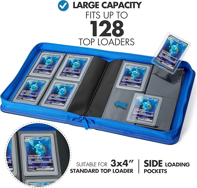FunGuys Toploader Binder – 4 Pocket Trading Card Binder for 128 Top Loaders, Pokemon Card Binder, MTG, Yugioh, Sports Cards, TCG Storage Album, Zipper Card Collector Folder