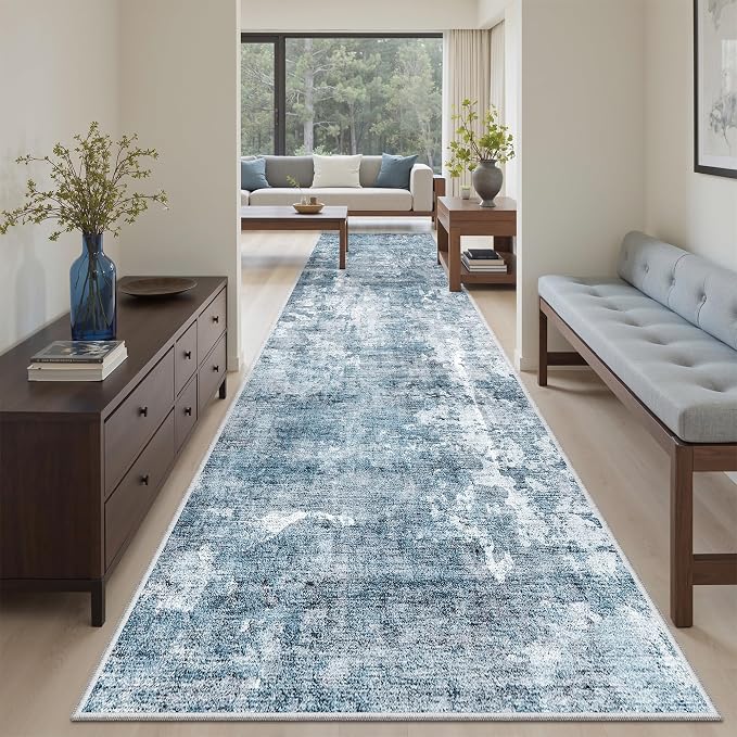 Soalmost Abstract Runner Rug 3x10 Hallway Kitchen Rugs Non-Slip, Blue/Grey | Vintage Washable Long Runners 10ft for Bathroom Laundry Bedroom, Foldable Low-Pile Wide Floor Carpet for Entryway Corridor