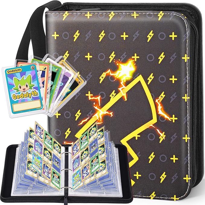 Card Binder – 9 Pocket Zipper Collection Album, Premium PU Holder, Double-Sided Display for 900 Cards, Includes 5 Hard Plastic Sleeves for Game Cards, Sports Cards（Lightning）