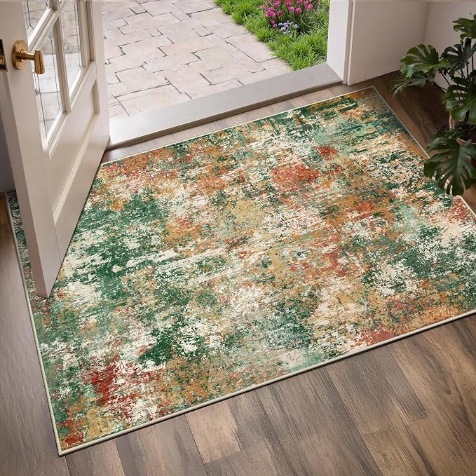 RELEANY Washable Area Rugs 3'x5' Non-Slip Modern Abstract Soft for Living Room Entryway Bedroom Kitchen, Print Pattern, Green Orange Rust Red Cream Colorful