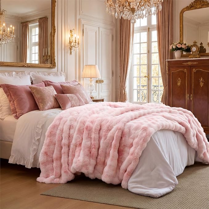 Bedsure GentleSoft Bubble Faux Fur King Size Blanket for Bed, Fluffy Fuzzy King Blanket for Winter, Soft Cozy Faux Fur Bedding Thick Warm Plush Decor for Bedroom, Tie-dye Pink, 104x90