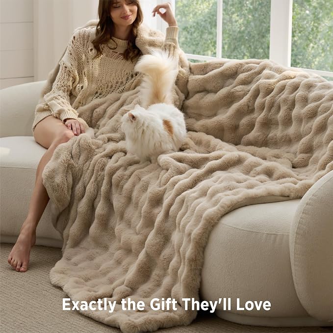 Bedsure GentleSoft Bubble Faux Fur King Size Blanket for Bed, Fluffy Fuzzy King Blanket for Winter, Soft Cozy Faux Fur Bedding Thick Warm Plush Decor for Bedroom, Beige, 104x90